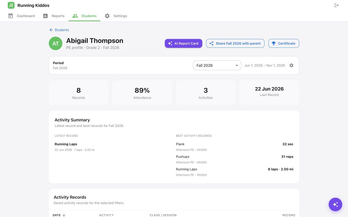 Student progress page with reporting period and Share with parent control