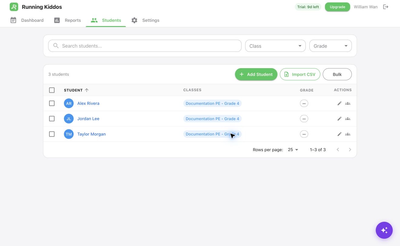 Students page showing search, class and grade filters, Add Student, Import CSV, and Bulk actions