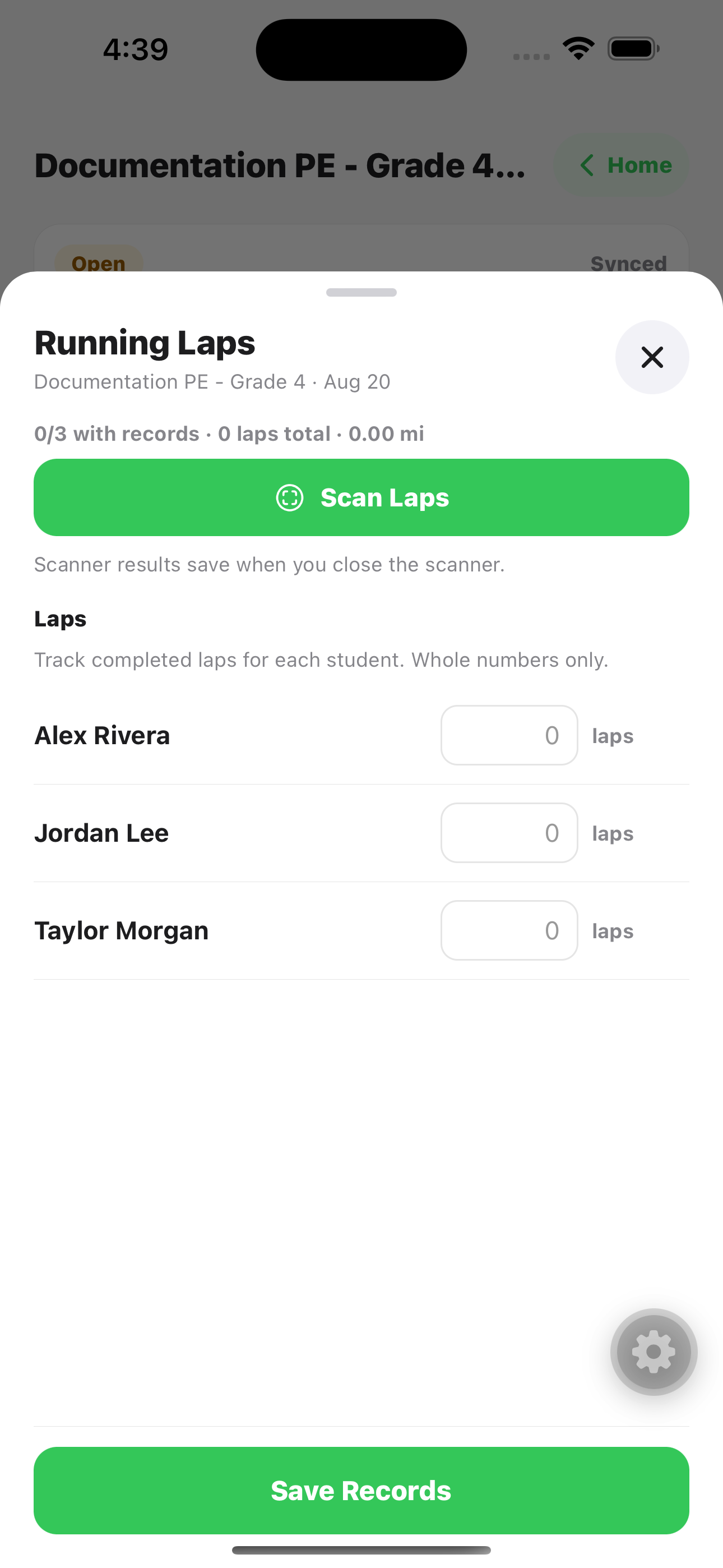 Running Kiddos mobile Running Laps activity screen with activity summary, Scan Laps, student lap inputs, and Save Records button