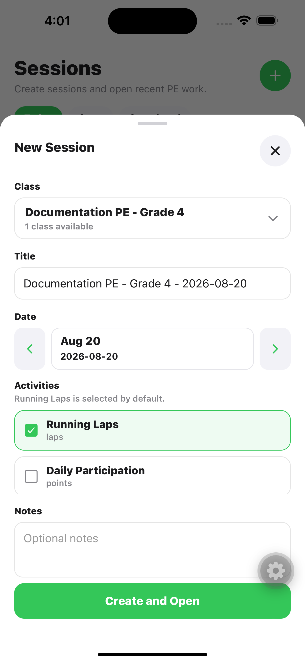 Running Kiddos mobile New Session sheet with class, default title, date, Running Laps selected by default, and Create and Open button