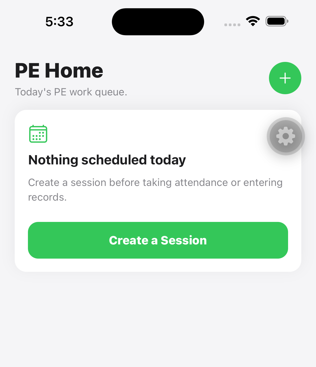 Running Kiddos mobile PE Home showing no sessions scheduled today and a Create a Session button