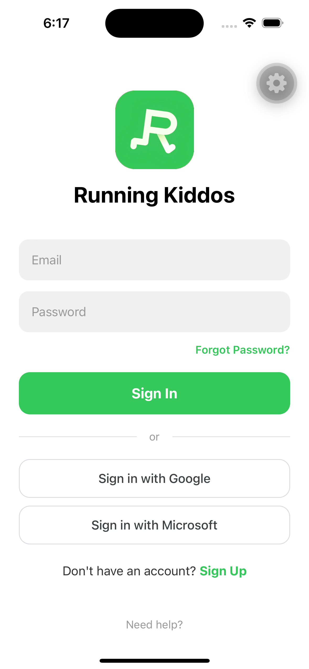 Running Kiddos mobile sign-in screen with email, password, and single sign-on buttons