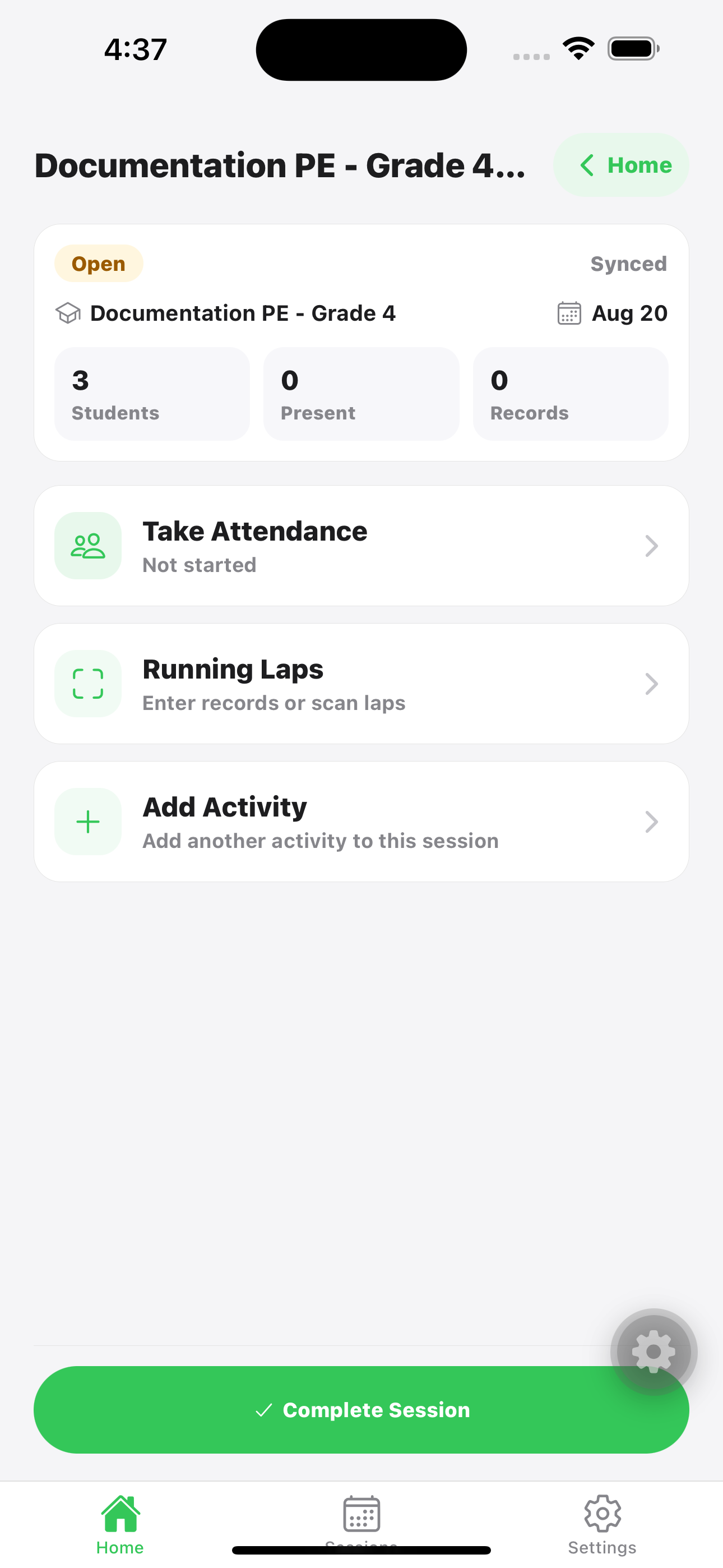 Running Kiddos mobile session detail page showing Open status, Attendance, Running Laps, Add Activity, and Complete Session controls