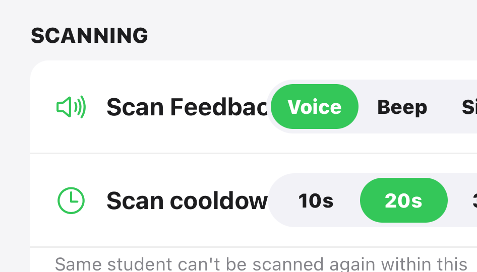 Running Kiddos mobile scanning settings with scan feedback and scan cooldown controls