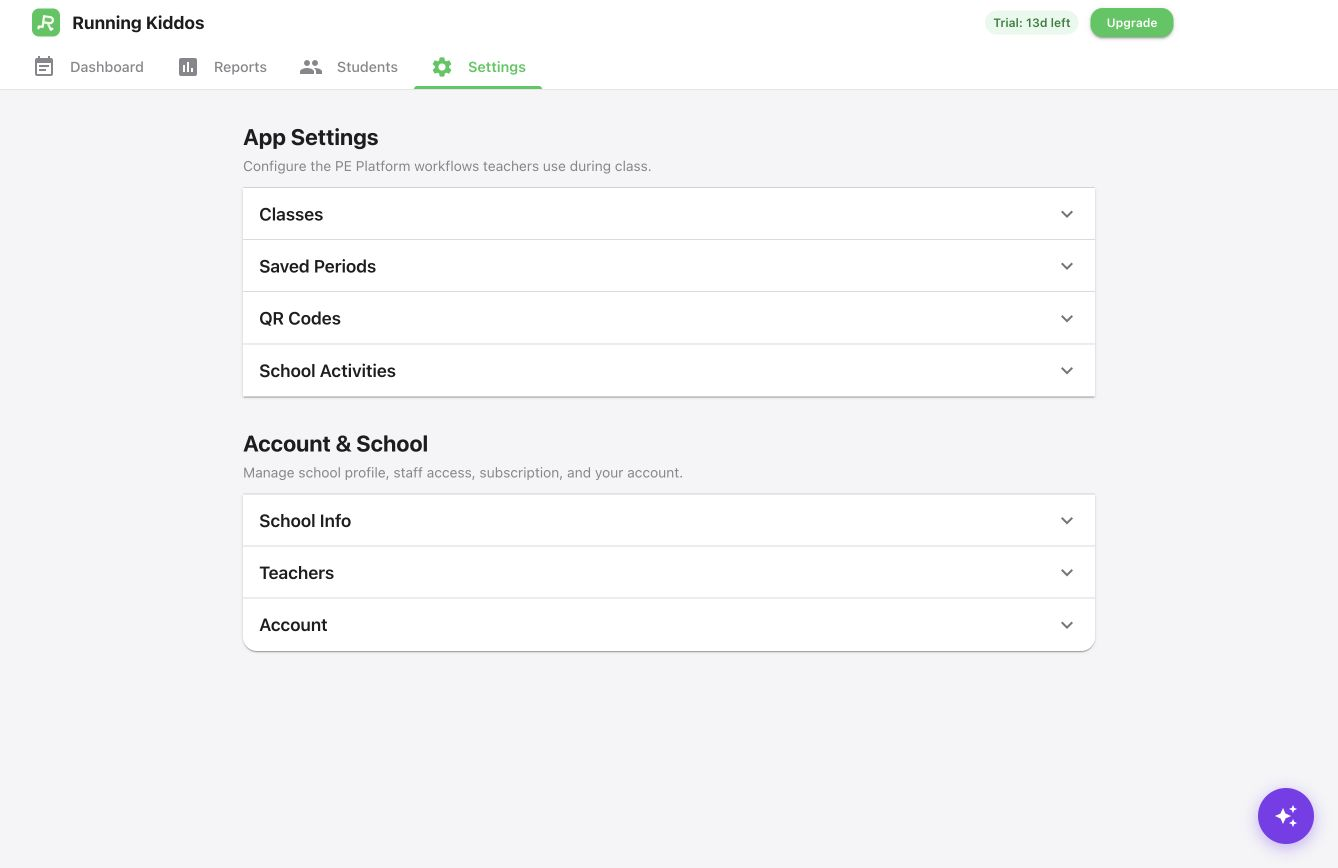 Running Kiddos web Settings page with Classes, Saved Periods, QR Codes, and School Activities panels