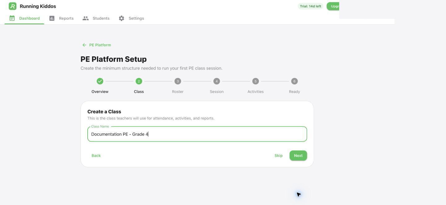 Running Kiddos setup wizard on the Class stage with a class name and Next button