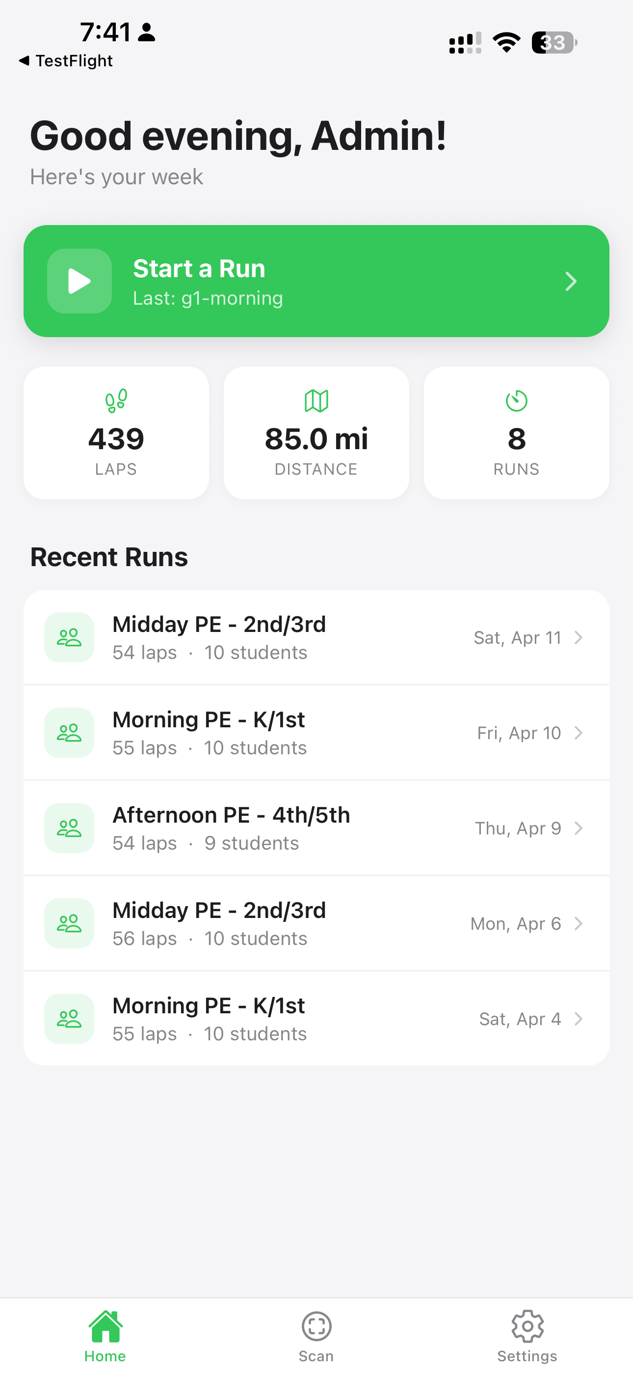 Running Kiddos mobile home screen