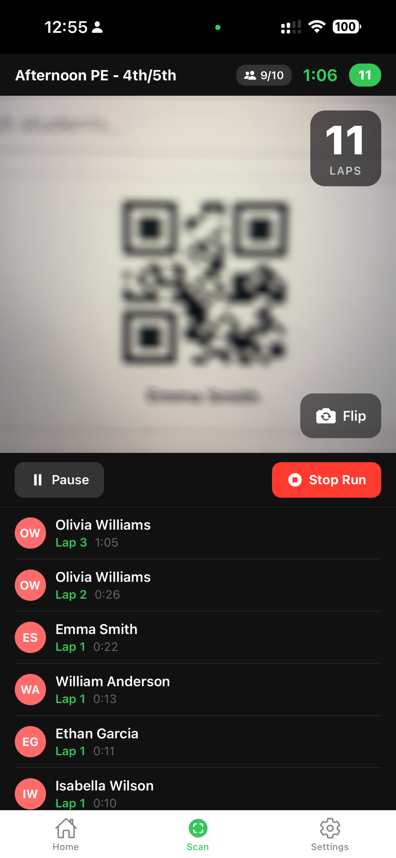 Live QR scanning with real-time lap counts and voice feedback