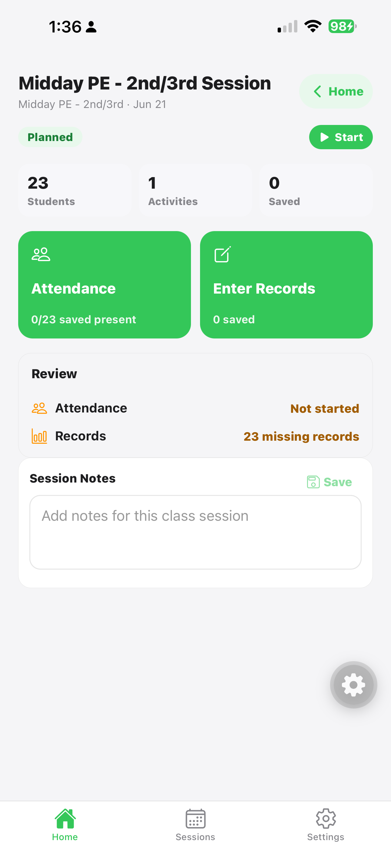 Running Kiddos mobile session detail screen