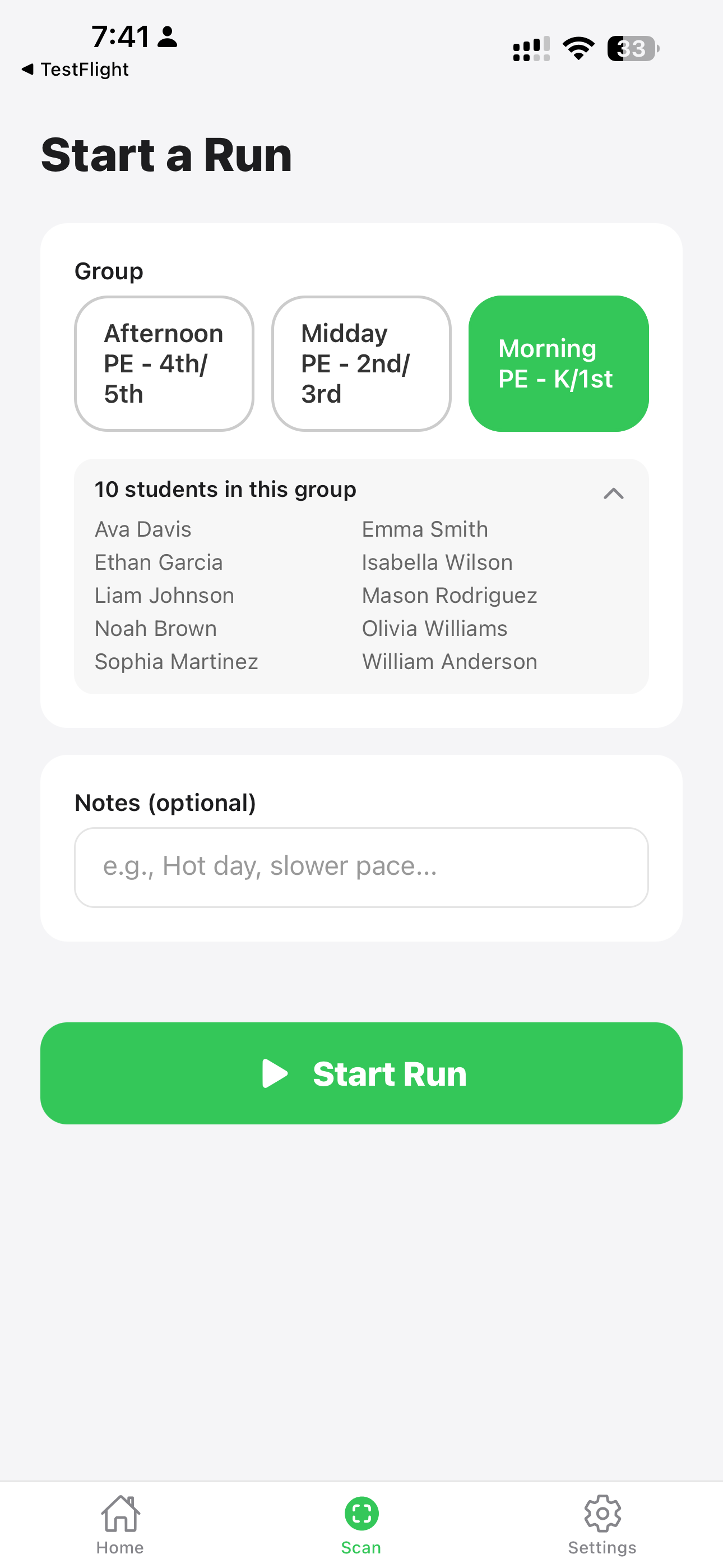 Start a run - select group and see enrolled students