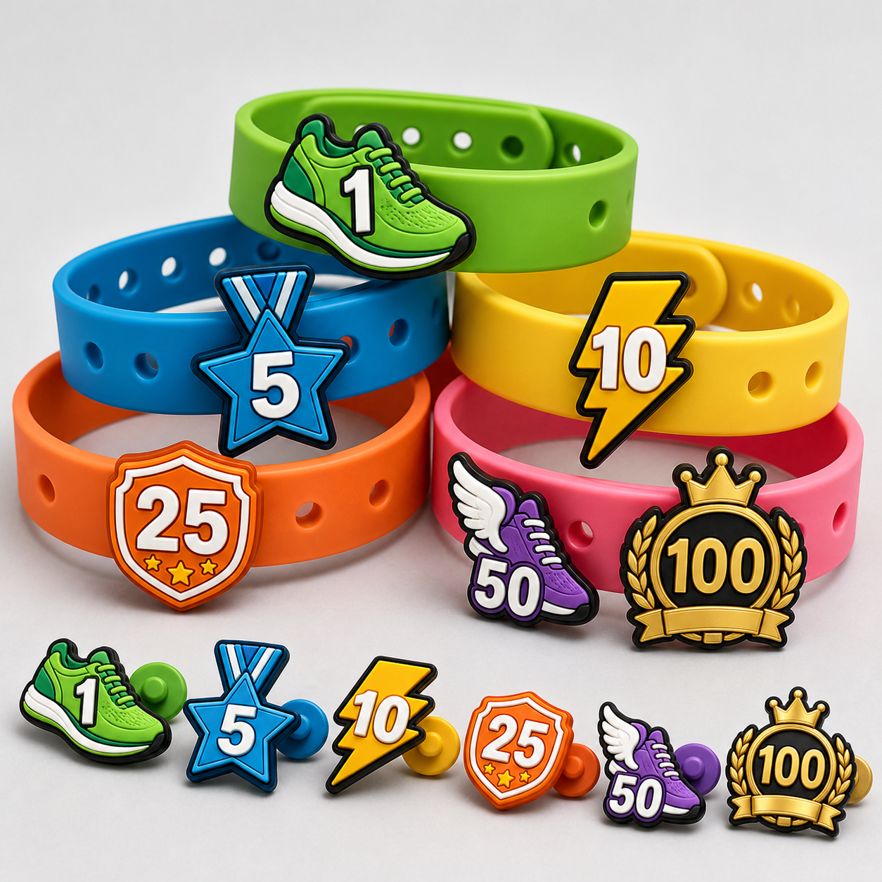 Student wristbands with mileage charms installed