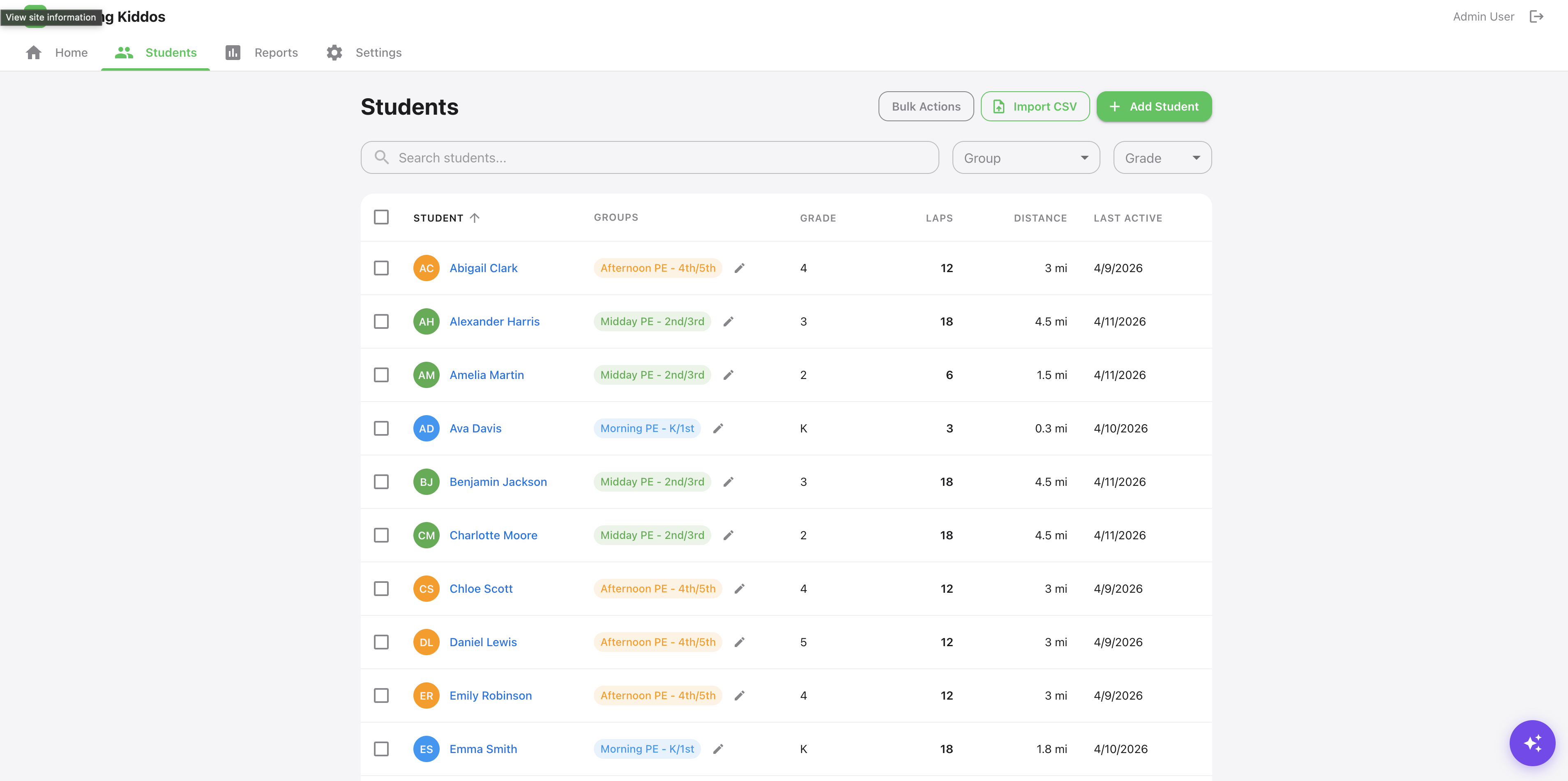 Student management page with search, filters, and performance data